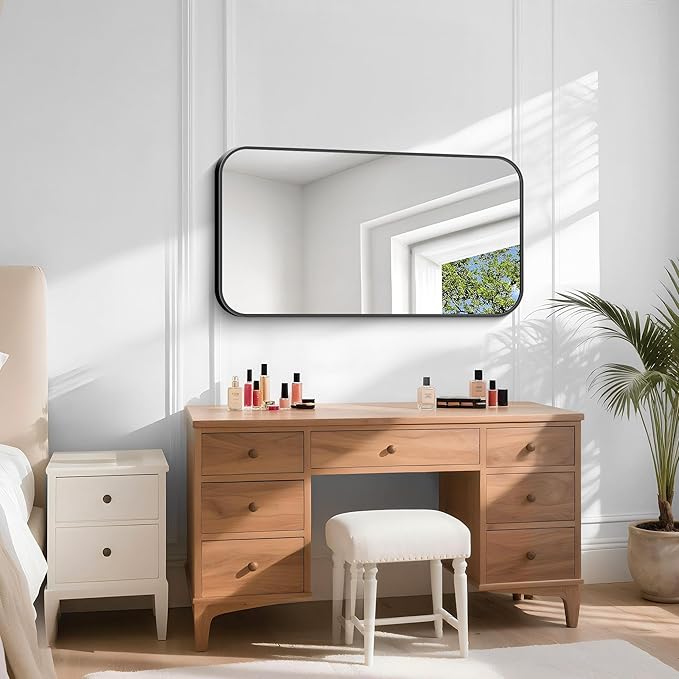 Bathroom Mirror, 48 x 24 inch Black Rectangle Wall Mirror, Metal Framed Rectangular Vanity Mirror, Rounded Corner Wall Mounted Mirror for Modern Bedroom Living Room Horizontal/Vertical