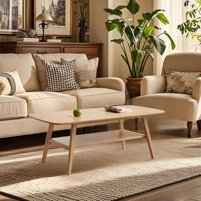 Wood Coffee Table - 100% Solid Oak Wood - Double Storage Coffee Table, Eco-Friendly Finish Center Table - Easy Assembly (Natural, 47.24" D x 22.04" W x 17.32" H)