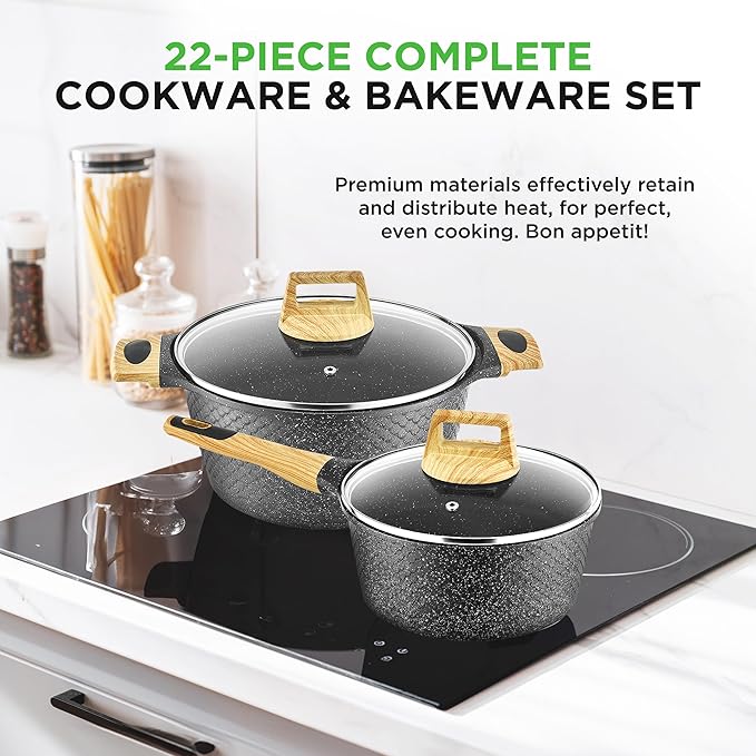 NutriChef 22-Piece Black Marble Non-Stick Cookware and Bakeware Set - Professional Home Kitchen Collection with Multi-Sized Pots, Pans, and Heat-Resistant Tools
