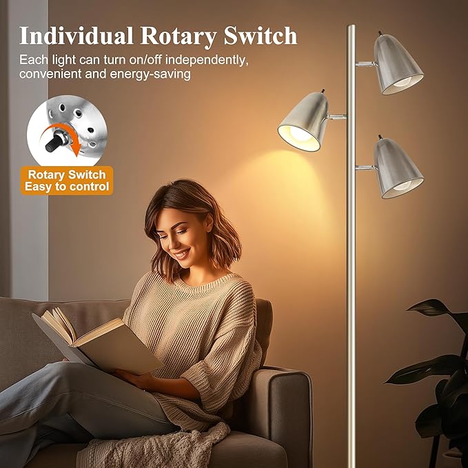 QiMH Tree Floor Lamp with 3 Light Bulbs, Standing Tall Pole Lamps for Living Room Bedroom Office, Reading Stand up Lamps with 3 Adjustable Arms,Brushed Nickel