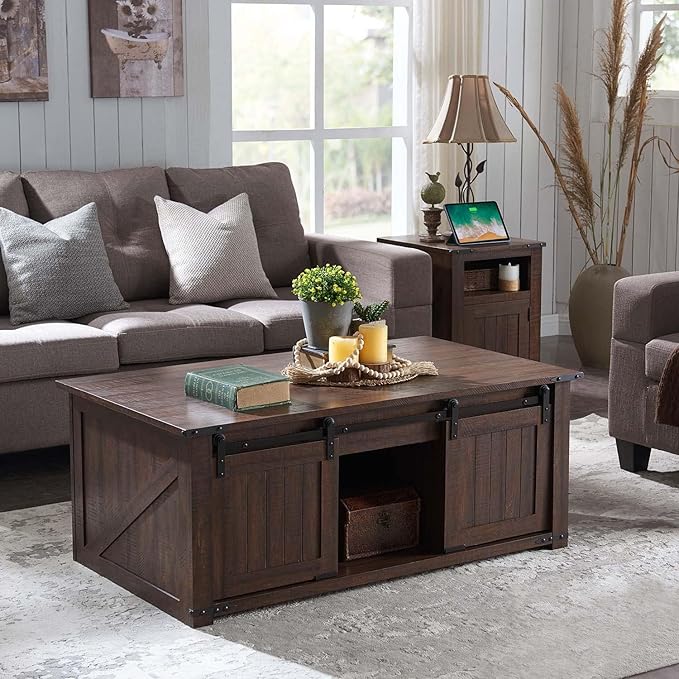 48" Lift Top Coffee Table, Farmhouse Cocktai with Sliding Groove Barn Door, Rustic Wood Center Table w/Double Storage Spaces for Living Room, Brown