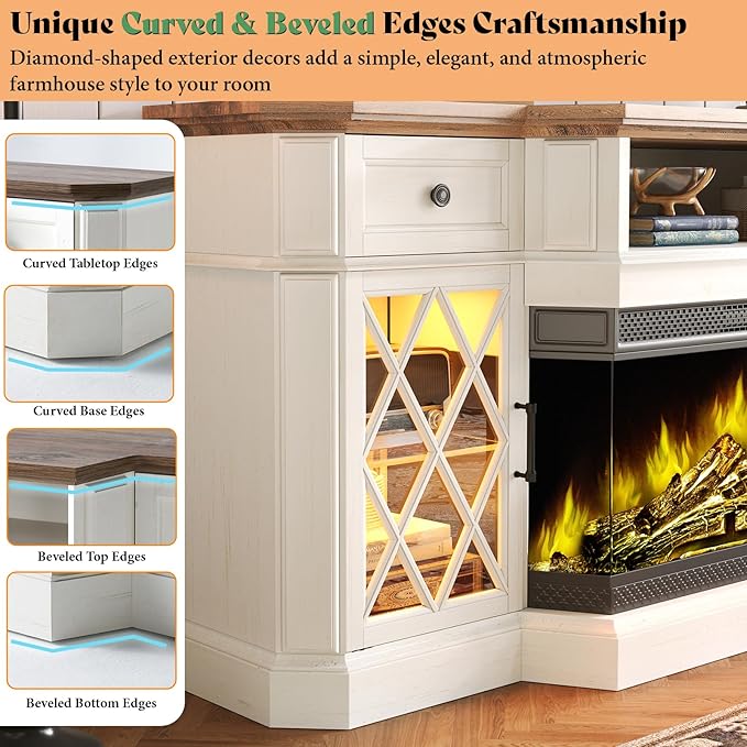 AMERLIFE 70" Bevel Farmhouse Fireplace TV Stand with 36" 3-Sided Glass Fireplace, LED Lights Entertainment Center Glass Doors & Drawers, Media Console Table Cabinet for Max 80" TV, Living Room, White