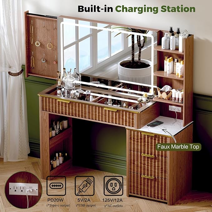 Modern Vanity Desk with Mirror and Lights, 49.2'' Fluted Makeup Vanity Desk with 5 Drawers and Shelves,Dressing Table with Glass Top and Power Outlet for Bedroom,Walnut