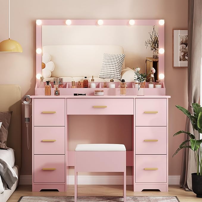 Vanity Desk with 38" Large Mirror and 9 LED Lights & Glass Top and Power Outlet, Adults Makeup Vanity with Chair and 7 Storage Drawers, Dressing Table Set for Bedroom, Modern Pink