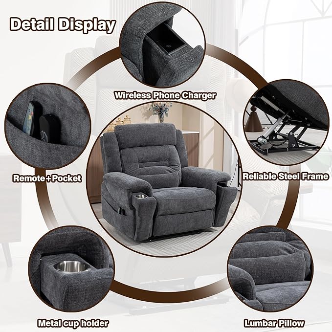 28 Inch Extra Wide Recliner Lay Flat 180°, Big Man 400lbs Oversized, Power Lift Recliner with Heat and Massage for Elderly, Large Heavy Duty Recliners with Cup Holders and Wireless Phone Charger