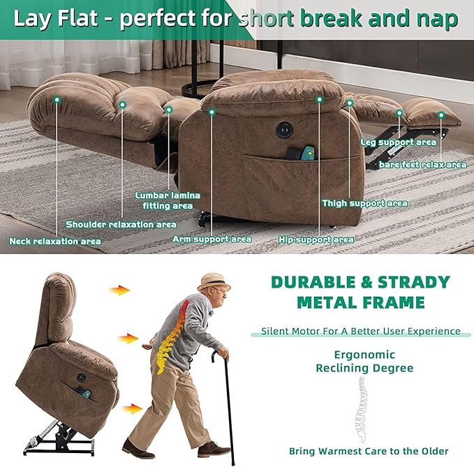 VIVIJASON Large Dual OKIN Motor Power Lift Recliner Chair for Elderly Big Man, 180° Lay Flat Electric Recliner with Heat & Massage, Infinite Position, 2 Remote Controls, Side Pockets & USB Port, Brown