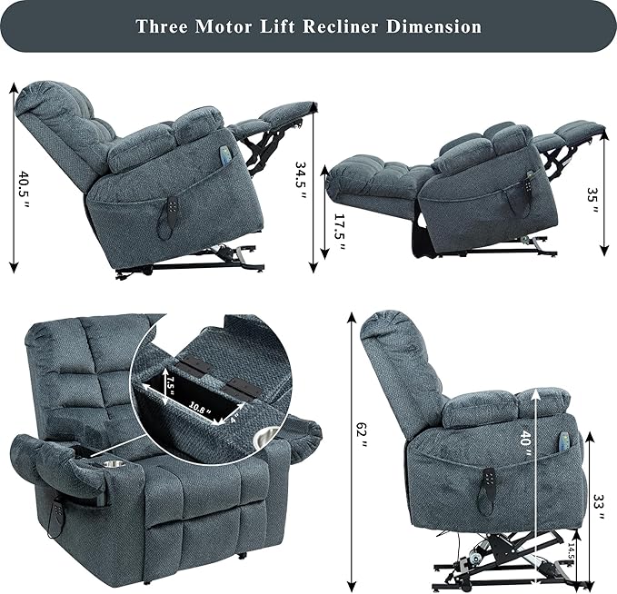 3-Motor Lift Chair with Adjustable Seat Height Zero Gravity Lay Flat Recliner with Heat Massage - Flip Arm Storage Cup Holders - Power Lift Recliner for Elderly – Big Tall 400 lbs (Slate Blue)