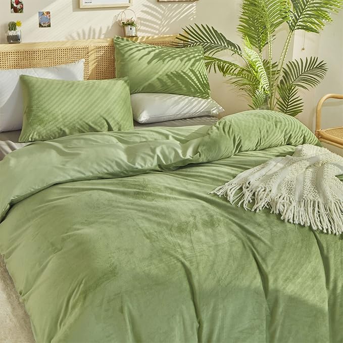 Cottonight Sage Velvet Fluffy Flannel Bedding - Twin Light Green Plush Comforter Set With Blanket & Quilts - Warm & Soft for Women & Men