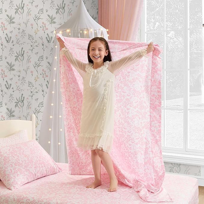 Laura Ashley Kids - Full Sheet Set, Soft & Wrinkle-Resistant Toddler Bedding Set, Deep Pockets, Girl Bed Sheets with Matching Fitted Sheet & Pillowcases (Toile Unicorn Pink)