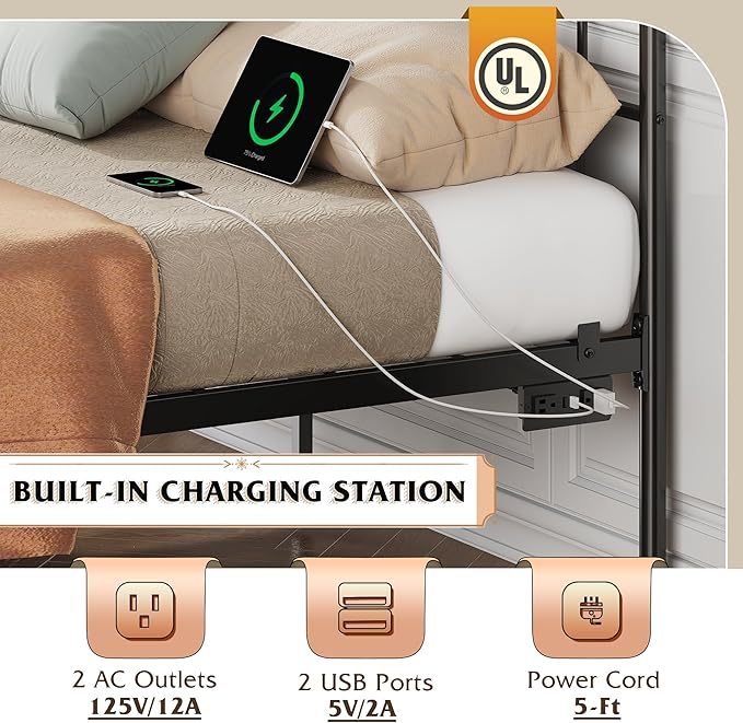 WLIVE Full Size Bed Frame with Headboard, Full Bed Frame with LED Lights and Charging Station, Metal Platform Bed with Storage, Black