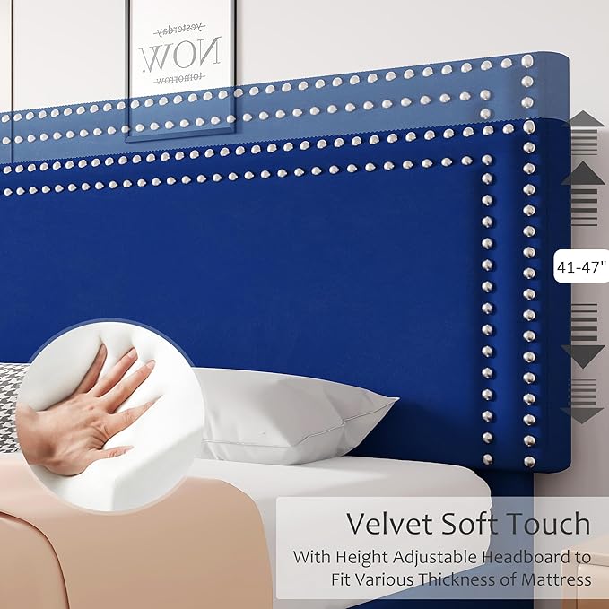 VECELO Full Size Bed Frame with Adjustable Upholstered Headboard, Wooden Slats Platform, Noise-Free Design, Easy Assembly