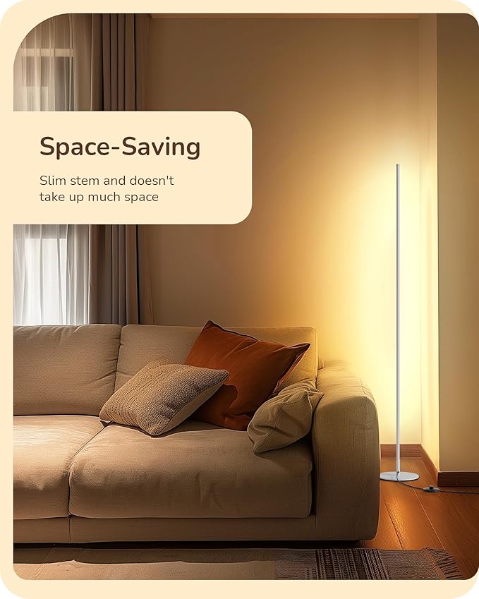 EDISHINE LED Corner Floor Lamp with Remote, 57.5" Minimalist Dimmable Mood Light, Standing Tall Floor Lamps for Living Room, Bedroom, Home Office, 3000K Warm White Light (White)