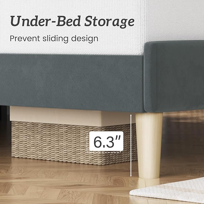 Full Bed Frame, Platform Bed Frame with Velvet Upholstered Headboard, No Box Spring Needed, Sturdy Metal Support, Noise Free, Easy Assembly, Modern Bedroom Furniture, Grey
