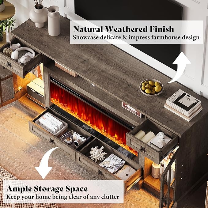 AMERLIFE 70” Fireplace TV Stand for 80 Inch TV, Farmhouse TV Stand with 42" Fireplace & LED Lights, Entertainment Center with Storage Drawers & Cabinets, Light Oak