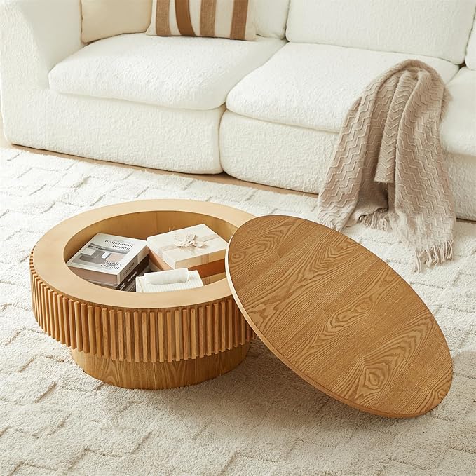 Round Coffee Table for Living Room,Fluted Drum Accent Tea Center Table with Storage,Circle Modern Coffee Tables for Small Space Office Apartment (31.5" L×31.5''W×14''H-Natural)