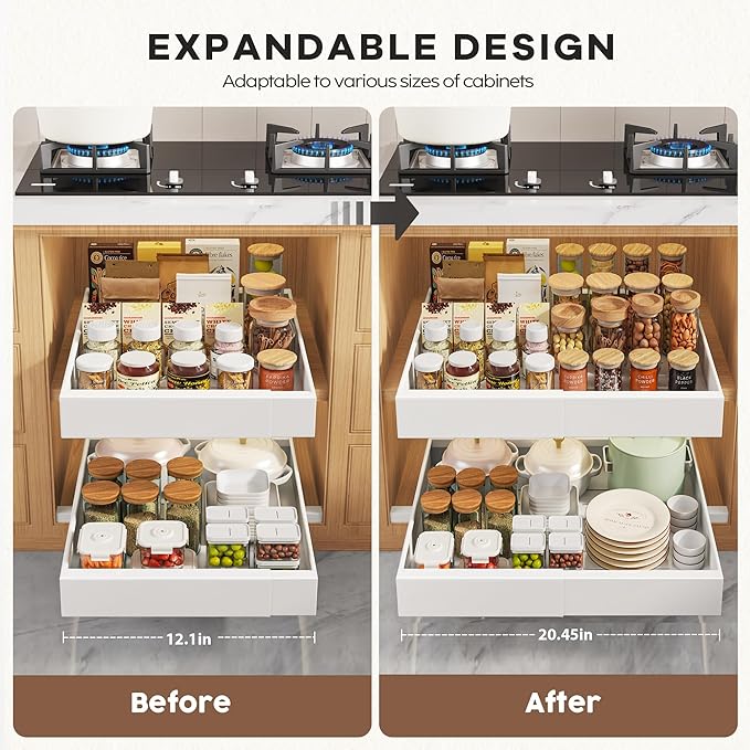 2 Pack Pull Out Cabinet Organizers 16.5" Deep With Raising Pad for Framed Cabinets,Expandable Slide Out Drawers Upgrade 3 Slide Rails,Roll Out Shelves,Adjustable Width 12.1"-20.45" White