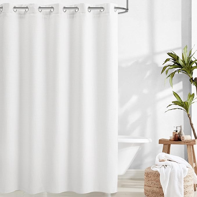 River Dream Extra-Long Waffle Weave Shower Curtain with Snap-in Liner,Cotton Blend Fabric Heavy Duty,No Hooks Needed Shower Curtain for Bathroom,Hotel Quality Shower Curtain Set,White,71x86 inches