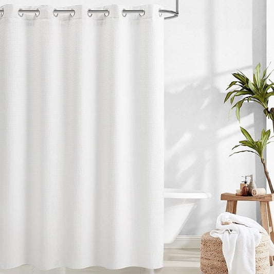 River Dream Extra-Long Waffle Weave Shower Curtain with Snap-in Liner,Cotton Blend Fabric Heavy Duty,No Hooks Needed Shower Curtain for Bathroom,Hotel Quality Shower Curtain Set,White,71x86 inches