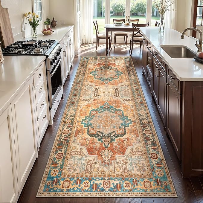 2x6 Washable Runner Rug for Hallways, Non Slip Vintage Rug, Soft Low Pile Long Print Distressed Carpet Runners for Kitchen Bedroom Entryway Bathroom Living Room Rusty Orange