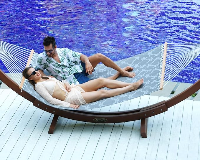 Lazy Daze Hammocks Quick Dry Hammock with Spreader Bar Textliene Fabric Double Outside Hammock with Chains Outdoor Patio Poolside Backyard Beach 450 lbs Capacity, Beige White Stripes