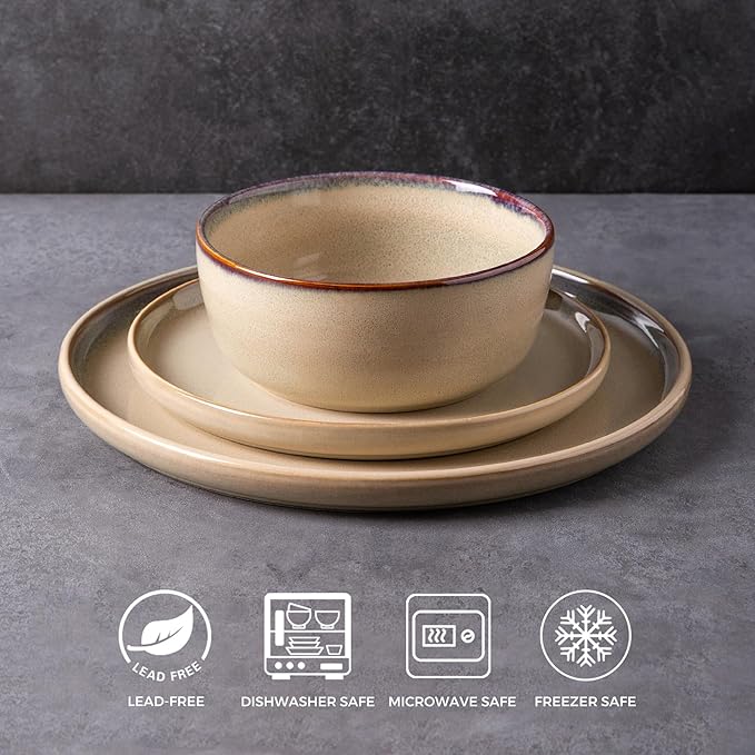 AmorArc Stoneware Dinnerware Sets,Round Reactive Glaze Ceramic Plates and Bowls Sets,Highly Scratch Resistant | Dishwasher & Microwave Safe Dishes,Service for 6 (18pc)