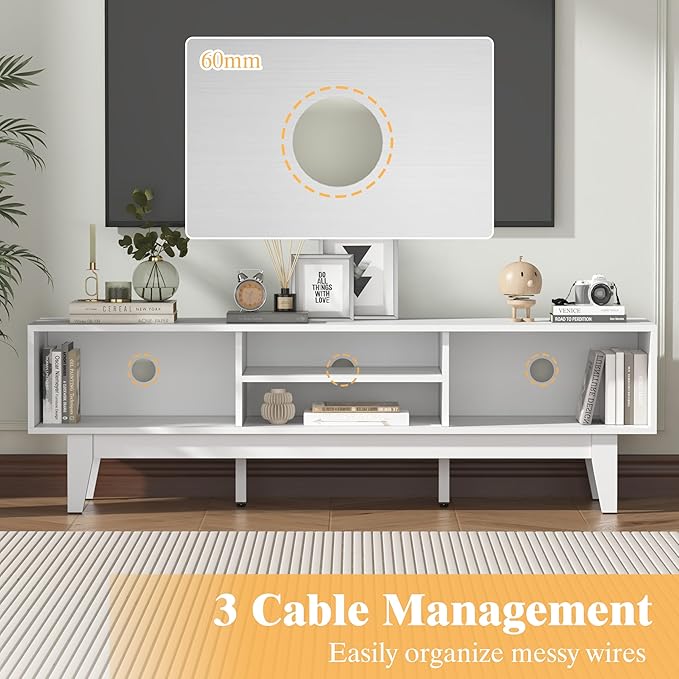 Wooden Fluted TV Stand for 55 65 70 inch TV, Long & Large TV Media Console Table with Storage Cabinets, Boho Farmhouse Entertainment Center for Living Room, Bedroom - White