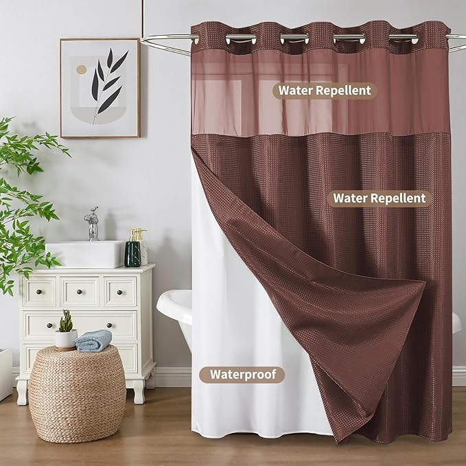 Colorful Star No Hook Shower Curtain with Snap in Fabric Liner, Waffle Weave Heavy Duty Thick Shower Curtains with Mesh Top Window, Hotel Style Waterproof Bathroom Curtain Set, 72 x 75 Inch, Brown
