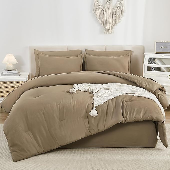 Litanika King Size Comforter Set Taupe - 7 Pieces Bed in a Bag King Bedding Comforter Sets, Solid Lightweight Bed Set with Comforter, Sheets, Pillowcases & Shams