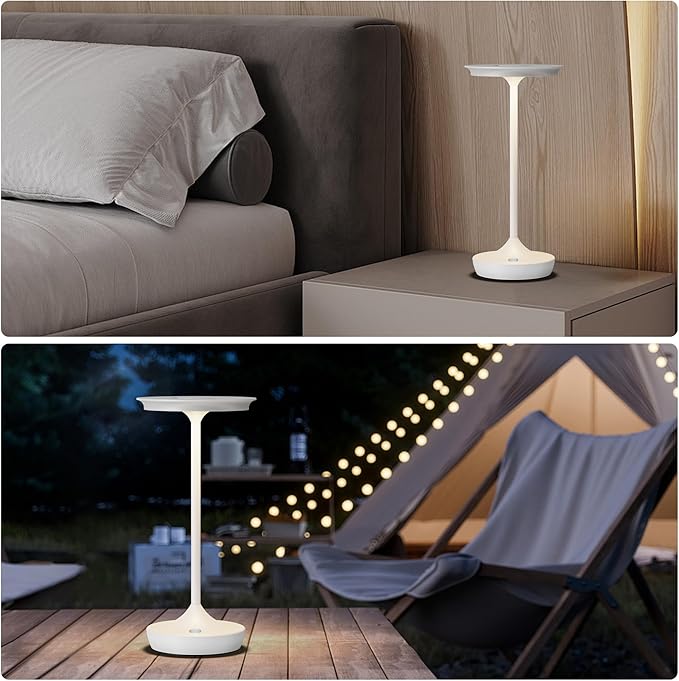 YHT Cordless Rechargeable Table Lamps, Portable 6000mAh Battery Desk Lamp Waterproof 3 Color Stepless Dimming LED Table Light with Memory Function for Outdoor/Dinning/Patio/Restaurant (White 2Pack)