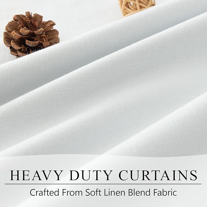 White Curtains 58 Inch Length for Bedroom 2 Panel Set Heat Full Light Blocking Drapes Short Window Blackout Linen Curtains for Kitchen Kids Room Thermal Insulated Living Room Window 58 Long Back Tab