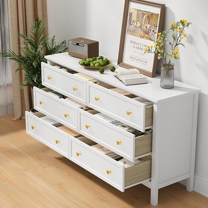 CARPETNAL White Dresser for Bedroom, 55 Inch 6 Drawer Dresser with Wide Drawer and Gold Handles, Woode Dressers & Chests of Drawers for Hallway, Entryway.
