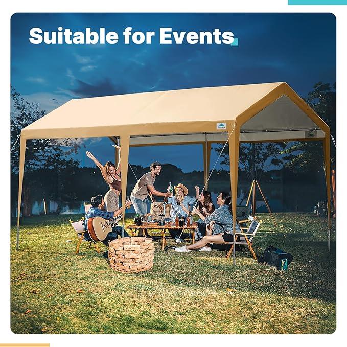 ADVANCE OUTDOOR 10x20 ft Heavy Duty Carport Potable Car Canopy Garage Party Tent Boat Shelter, Adjustable Height, with Leg Cloth, Beige