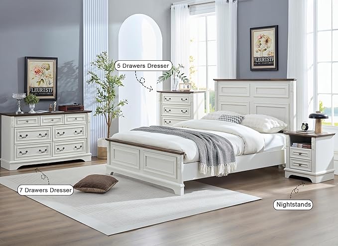 Modern 5 Drawer Dresser, Dressers for Bedroom, Wood Rustic Tall Chest of Drawers with Carved Wood Pilasters, Farmhouse Dressers Organizer for Bedroom, Hallway, Antique White