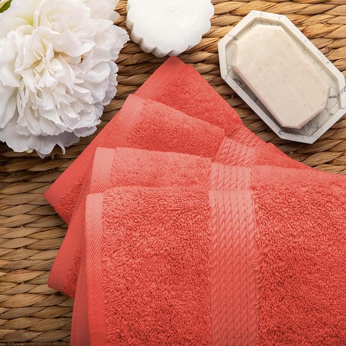 Superior Egyptian Cotton Pile Hand Towel Set of 4, Ultra Soft Luxury Towels, Thick Plush Essentials, Absorbent Heavyweight, Guest Bath, Hotel, Spa, Home Bathroom, Shower Basics, Coral