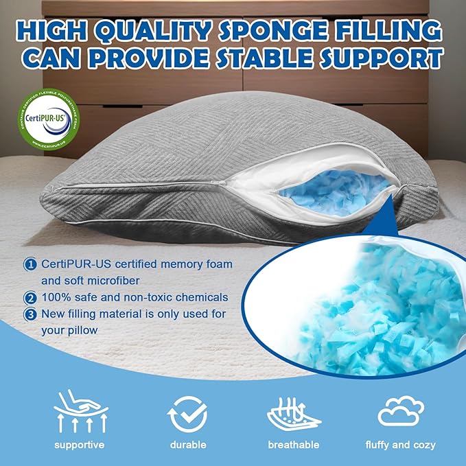 Pillows Standard Size Set of 2 - Shredded Memory Foam Cold Pillow That Stay Cold Adjustable Pillows for Sleeping Double-Sided Pillowcase