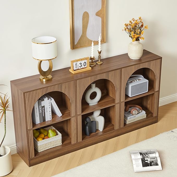 Console Table with 3-Tier Open Storage, 63" Arched Entryway Table with Carved Fluted Panels, Rectangular Wooden Sofa Table for Living Room, Hallway, or Behind Couch (1, Walnut)