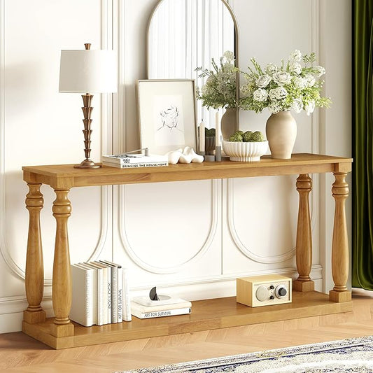 63 Inch Console Table with 4 Vase-Leg, Vintage Wood Grain Sofa Table Behind Couch, Narrow Entryway Accent Table for Living Room, Entrance, Hallway, Foyer, Bedroom, Apartments, Natural