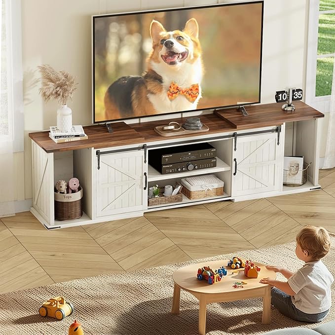 Extendable TV Stand, Entertainment Center for 85 95 105 Inch TV, Farmhouse TV Stand with Large Capacity Storage and Sliding Doors, Media Console for Living Room, Length 86"-113", White