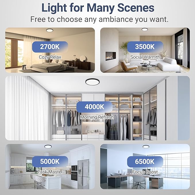 8 Pack 12 Inch LED Flush Mount Ceiling Light, 24W 2640LM 5 CCT Selectable (2700K-6500K), Dimmable Ultra-Thin Round Fixture for Kitchen Bedroom Laundry Hallway, Black