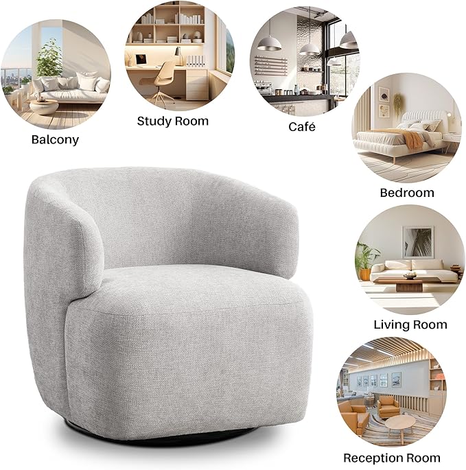 Swivel Accent Chair, Chenille Barrel Chair for Living Room, Cozy Round Boucle Arm Chair, Metal Base for Club Nursery Bedroom, Light Grey