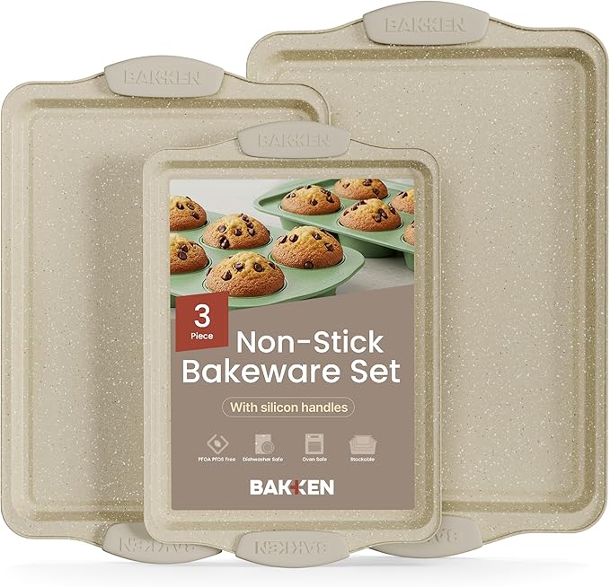 BAKKEN Cookie Sheets for Baking Nonstick Set - 3-Piece Stackable Carbon Steel Baking Sheet Pans Set with Silicone Handles, Non Toxic Cookie Sheets for Baking Bakeware Set - White Marble