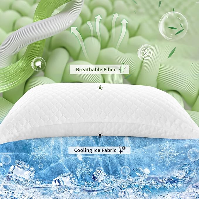Cooling Pillow for Side Sleepers - Ergonomic Curved Design & Adjustable Shredded Memory Foam for Neck/Shoulder Pain Relief, Queen Size Bed Pillow with Washable Cover & Extra Fill (Crescent White)