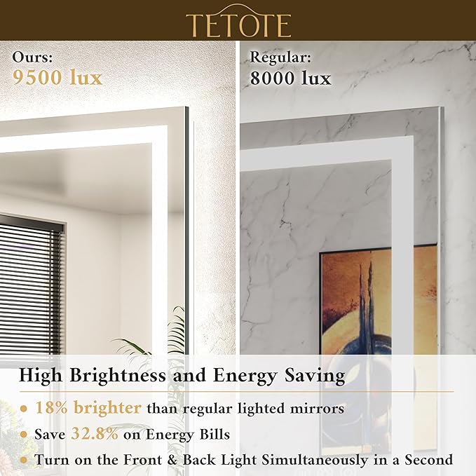 TETOTE LED Bathroom Mirror 24 x 36 Brighter Light up Mirror with Lights, Front and Backlit Lighted Mirror for Bathroom 3-Color Dimmable Led Vanity Illuminated Anti Fog Wall Mirror, Tempered Glass