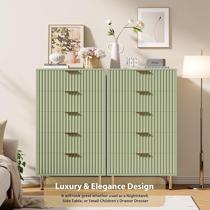 5 Drawer Dresser for Bedroom, 48" Tall Modern Chest of Drawers with Deep Drawers and Wide Top, Fluted Wooden Dresser Organizer for Living Room, Hallway, Kids Room, Green