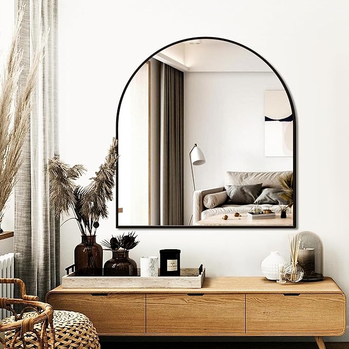 FICTOR Bathroom Vanity Mirror for Wall,32”x30” Arched Metal Framed Bathroom Mirror for Over Sink,Entryway,Living Room,Bedroom(Black)