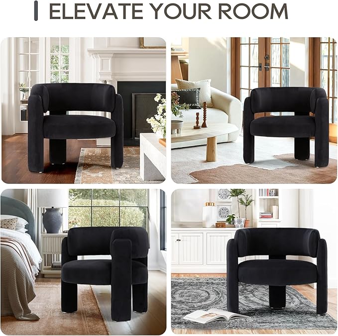 COLAMY Modern Accent Chair, Velvet Accent Chairs, Upholstered Barrel Chairs with Solid Wood Legs, Comfy Side Chair for Living Room, Bedroom, Reading, Cozy Reading Chair,Black