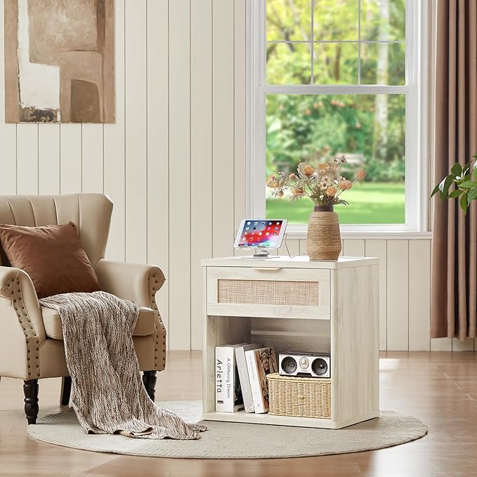 LEYAOYAO Rattan Nightstands Set of 2 with Charging Station, 23" Wide Boho Night Stand with Drawer, Grey White Bedside Table Open Cabinet, Bed Side End Table Dresser for Bedroom, Living Room, Hallway