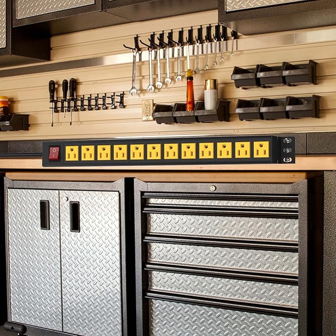 BTU Power Strip Surge Protector Rack-Mount PDU, 12 Outlet Power Strip with Switch, Metal Mountable Heavy Duty for Server Racks, Garage Shop, Industrial Commercial (Yellow 6FT)
