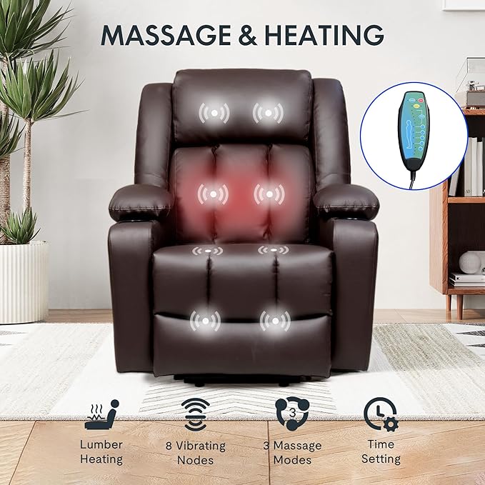 FLEXISPOT XL31 Power Lift Recliner Chair for Elderly, Electric Lift Chair with Massage & Heat, PU Leather Reclining Sofa w/Cup Holders, Side Pockets for Living Room Bedroom(Medium Size,Brown)