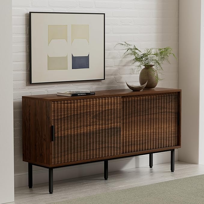 Fluted Tv Stand with Sliding Doors, 47" Mid Century Storage Cabinet with Adjustable Shelf, Wooden Media TV Console Entertainment Center for Living Room, Brown